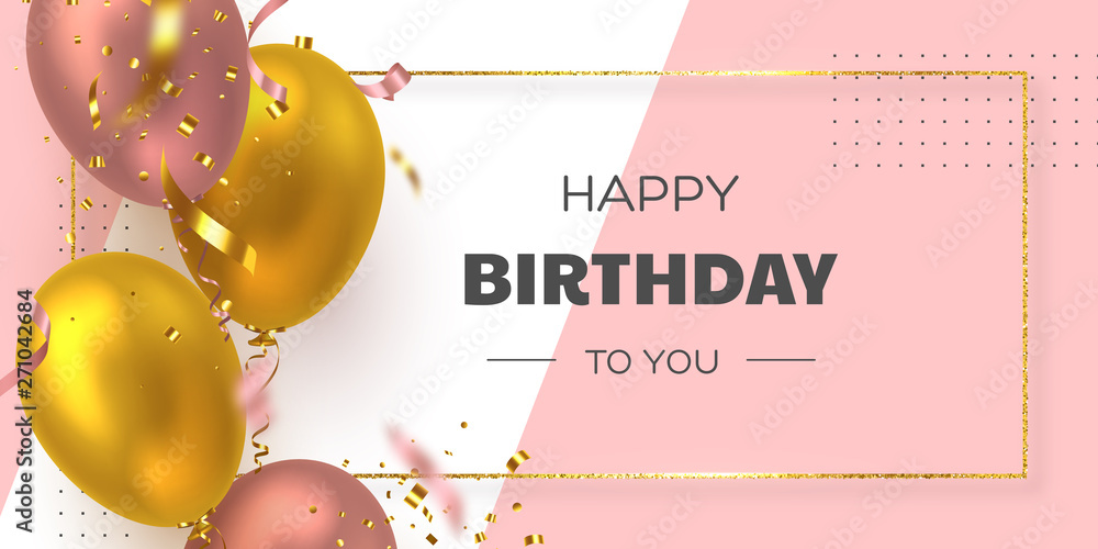Happy Birthday holiday banner with glittering golden frame, 3d realistic glossy balloons and falling confetti. White and pink background. Vector template for greeting card, poster. - obrazy, fototapety, plakaty 