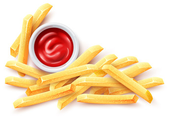 French fries and ketchup tomato sauce in ceramic cup. Roasted potato chips in deep fat fry oil potatoes. Yellow sticks. Fastfood. Unhealthy tasty food. Horizontal banner. Vector illustration.