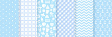 Baby Boy Pattern Seamless. Baby Shower Backgrounds. Vector. Set Blue Pastel Patterns For Invitation, Invite Templates, Cards, Birth Party, Scrapbook In Flat Design. Cute Illustration.