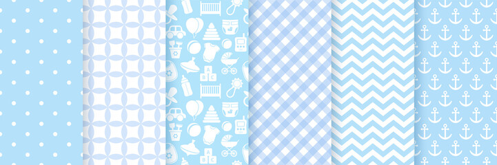 Baby boy pattern seamless. Baby shower backgrounds. Vector. Set blue pastel patterns for invitation, invite templates, cards, birth party, scrapbook in flat design. Cute illustration.