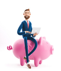 Sticker - 3d illustration. Portrait of a handsome businessman with piggy bank. Safe money storage concept.