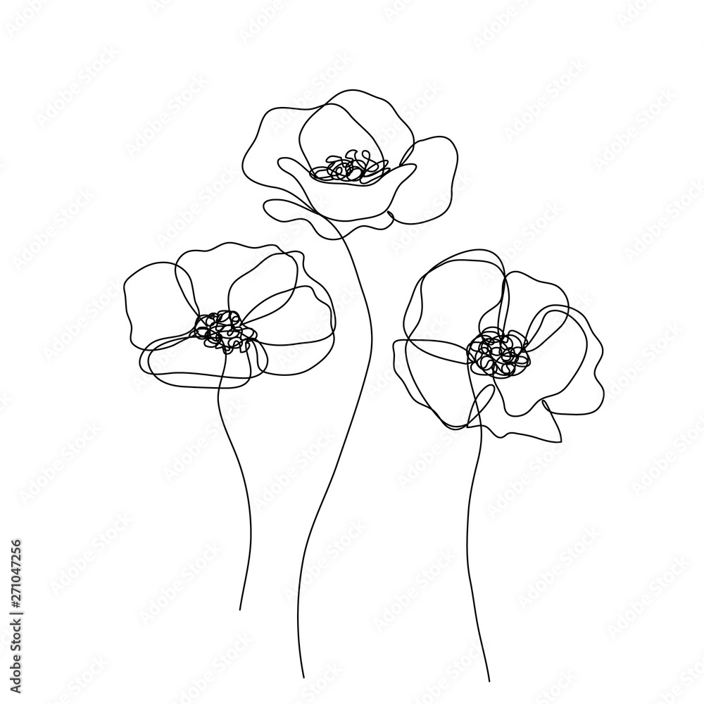 Abstract poppies flower. Continuous line drawing. Minimalist  modern art. Editable line. - obrazy, fototapety, plakaty 
