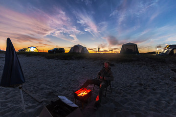 Camping at the beach in the night