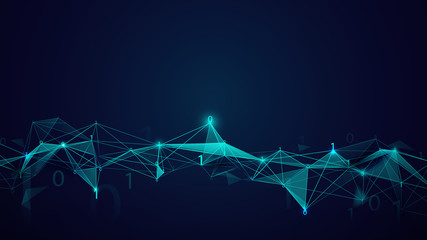 Molecules structure and binary code technology on dark blue background. Abstract connect lines and dots