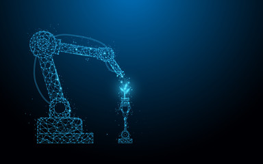 Fototapete - Smart robotic farmers technology. Robot spray chemical. lines, triangles and particle style design. Illustration vector