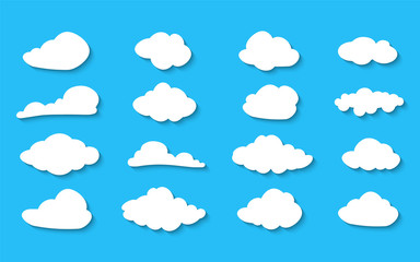 Leinwandbilder - Clouds collection Vector illustration. White cloudy set isolated on blue background. White clouds of different shapes. Blue Cloud icon, cloud shape. Set of different sky.