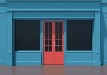 Classic Blue Shopfront With Red Door And Large Windows. Small Business Blue Store Facade