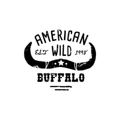 Wall Mural - Western Logo Skull Buffalo head Draw Grunge style. Wild West symbol sing of a cow's Horns and Retro Typography.