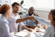 © fizkes - Happy smiling businessman businesswoman shaking hands at business meeting