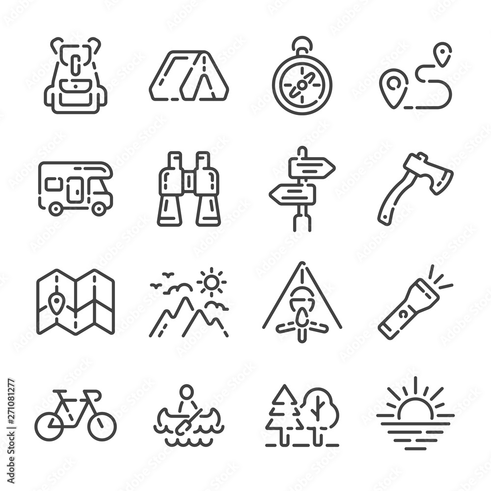 Set of camping trip or tourism outline icons. Vector illustration. - obrazy, fototapety, plakaty 