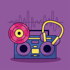 Sticker - vintage boombox stereo vinyl and headphones music colorful background