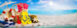 Summer holiday banner concept, beach accessories on white sand