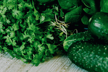 Wall Mural - Watercress, spinach and cucumber. Closeup grocery photography