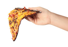 Woman Holding Slice Of Black Pizza Isolated On White, Closeup