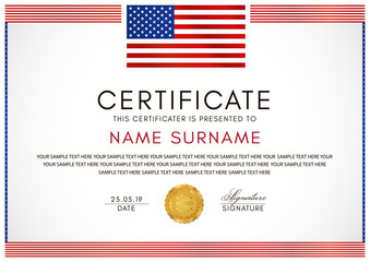 Wall Mural - Certificate template with American flag (USA) frame and gold badge. White background design for Diploma, certificate of appreciation or award