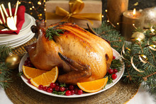 Delicious Roasted Turkey Served For Christmas Dinner On Table