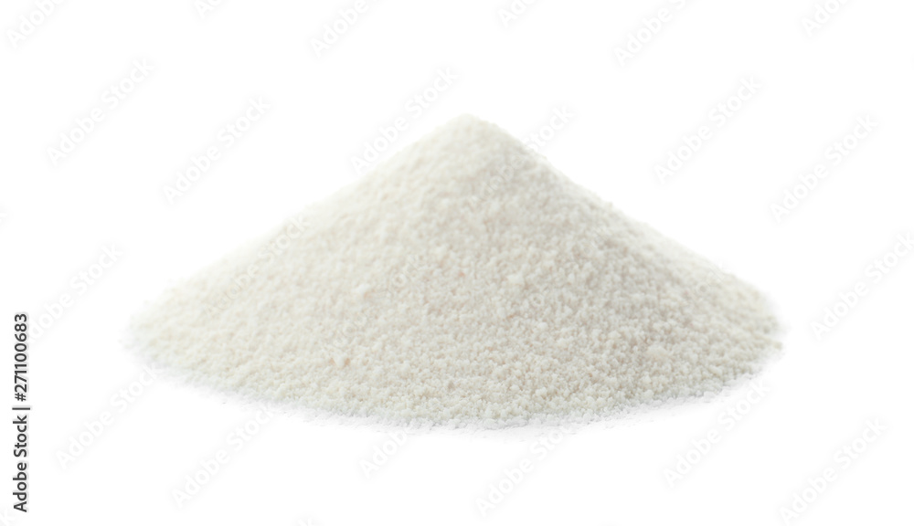Pile of protein powder on white background - obrazy, fototapety, plakaty 