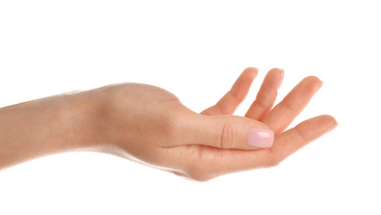 Wall Mural - woman showing hand on white background, closeup