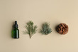 © New Africa - Flat lay composition with bottle of essential oil and pine branches on color background