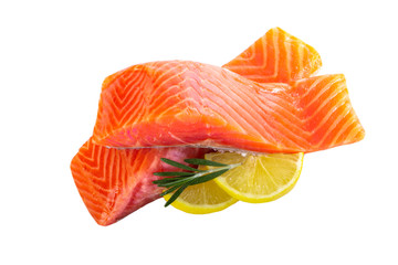 Wall Mural - slice of salmon with peppercorn and rosemary isolated on white background