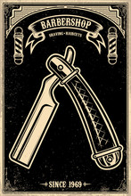 Barbershop Poster Template With Retro Style Razor .Design Element For Poster, Card, Banner, Emblem, Sign. Vector Illustration
