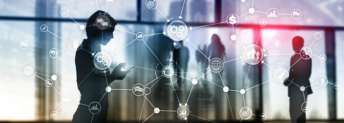 Wall Mural - business process structure industrial workflow diagram automation innovation concept on virtual scre
