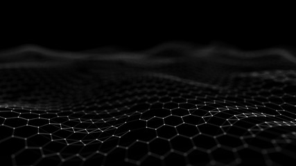 Futuristic black hexagon background. Futuristic honeycomb concept. Wave of particles. 3D rendering. Data technology background