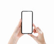 © sitthiphong - Hand holding smartphone blank screen on isolated. Take your screen to put on advertising.