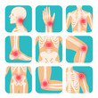 © MarySan - Set of red circle pain localization, human body, skeleton, joints and bones