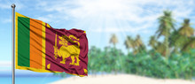 Waving Sri Lanka Flag In The Sunny Blue Sky With Summer Beach Background. Vacation Theme, Holiday Concept.