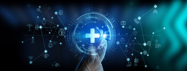 Doctor hand with stethoscope and Ui icon medical in hospital with medical technology network concept.