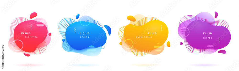 Abstract geometric shapes with gradient. Set of isolated azure or blue flud spot, red brush blob, bright yellow blotch, violet aqua stain for flyer background. Card design template with free shapes - obrazy, fototapety, plakaty 