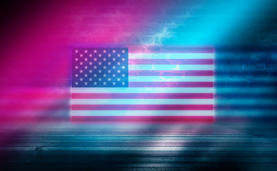 American national flag on abstract background. Abstract festive background with neon glowing USA flag.