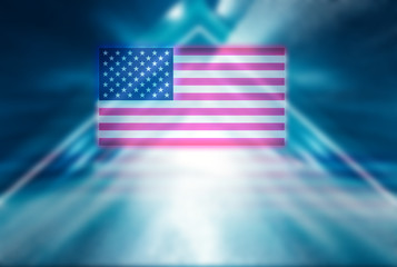 American national flag on abstract background. Abstract festive background with neon glowing USA flag.