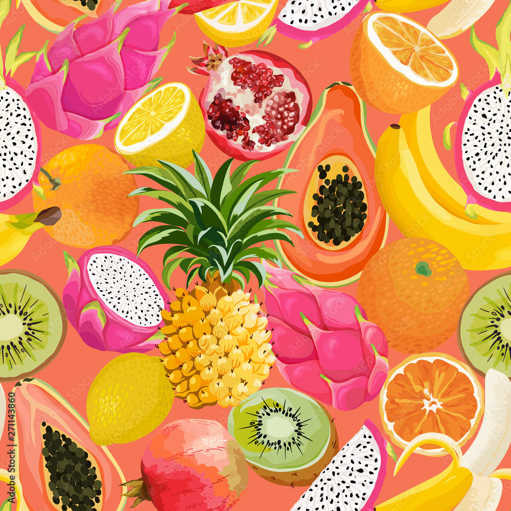 Seamless pattern with tropical fruits. Banana, Orange, Lemon, Pineapple ...