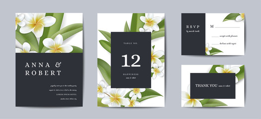 Wall Mural - Botanical wedding invitation card Template Design, Tropical Plumeria Flowers and Leaves in modern style, Collection of Save the date, RSVP, greeting in vector