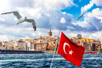 Wall Mural - Landscape of Istanbul - city skyline of the old town near Galata bridge and a quayside of Beyoglu district. Seaside view with passenger ships, Turkish flag and flying birds over the Golden Horn.