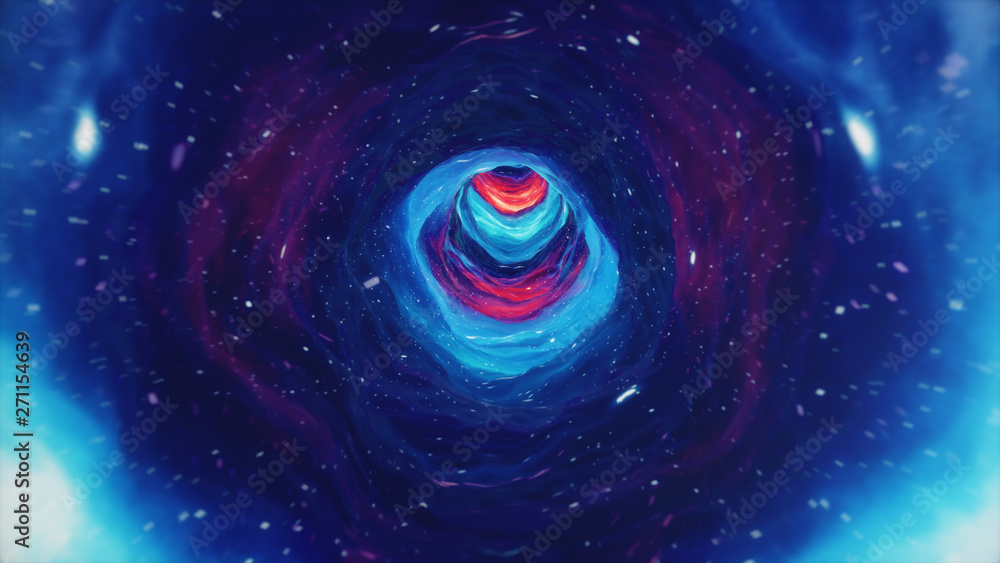 3D illustration tunnel or wormhole, tunnel that can connect one universe with another. Abstract speed tunnel warp in space, wormhole or black hole, scene of overcoming the temporary space in cosmos. - obrazy, fototapety, plakaty 