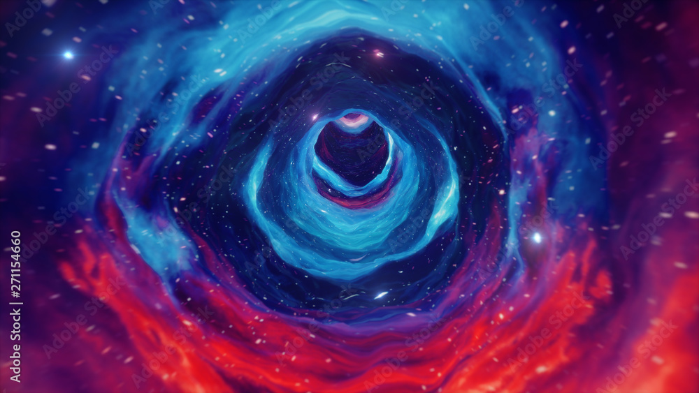 Travel through a wormhole through time and space filled with millions of stars and nebulae. Wormhole space deformation, science fiction. Black hole. Vortex hyperspace tunnel. 3D illustration - obrazy, fototapety, plakaty 