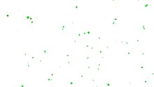 A Green Balloon Appears On The White Background Below And Explodes. Confetti Fly Away. Alpha Channel