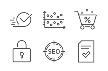 Loan percent, Checkbox and Seo icons simple set. Dot plot, Lock and Checked file signs. Shopping cart, Approved. Technology set. Line loan percent icon. Editable stroke. Vector