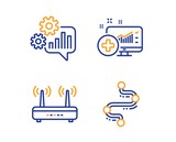 Fototapeta Panele - Wifi, Medical analytics and Cogwheel icons simple set. Timeline sign. Internet router, Medicine system, Engineering tool. Journey path. Science set. Linear wifi icon. Colorful design set. Vector