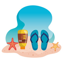 Wall Mural - flip-flop with suncream and starfishes in the beach sand