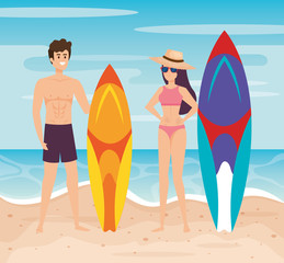 Canvas Print - man wearing bathing shorts with surfboard and woman wearing swimsuit with hat and sunglasses