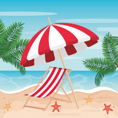 Poster - umbrella with tanning chair and palms trees in the beach