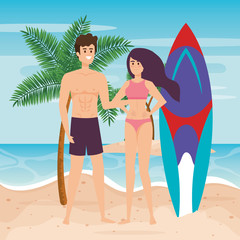 Sticker - woman with swimsuit and man with bathing shorts and surfboard