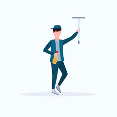 Wall Mural - male janitor in uniform holding shower wiper squeegee and spray plastic bottle man cleaner wiping glass cleaning service concept full length flat white background