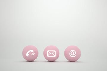 Post icons pink sphere symbol telephone, mail, address and mobile phone. Contact Methods concept on website page or e-mail marketing.