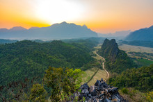 Top View Of Beautiful Forest Landscape Of Sunset At Pha Namxay Mountains Vang Vieng, Laos