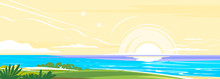 Sea Sunset Landscape Panorama Near The Beach With Green Plants, Nature Landscape Illustration, Sunrise On The Beach Background